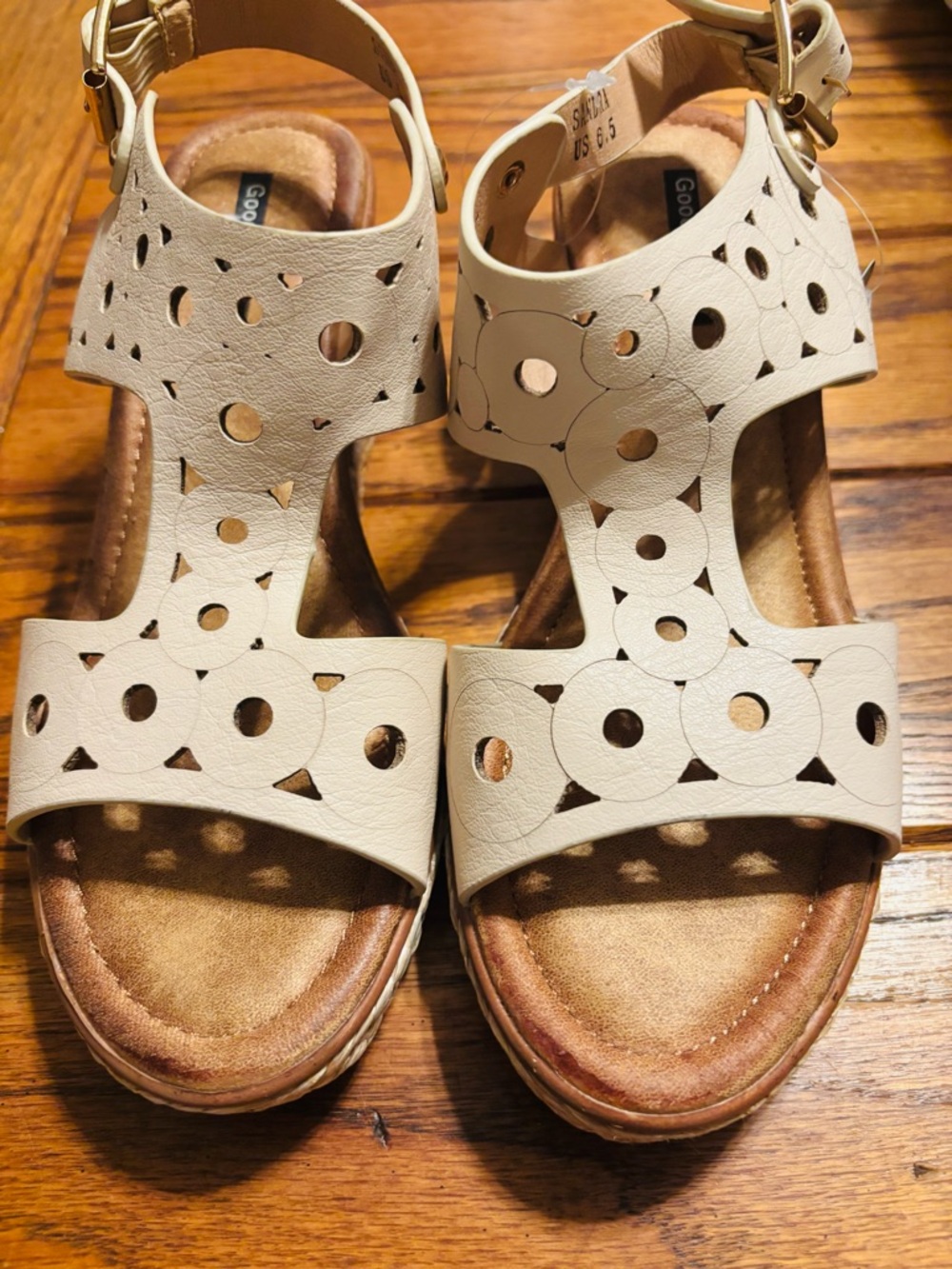 Good Choice Sandra Cream Laser-Cut T-Strap Espadrille Sandals